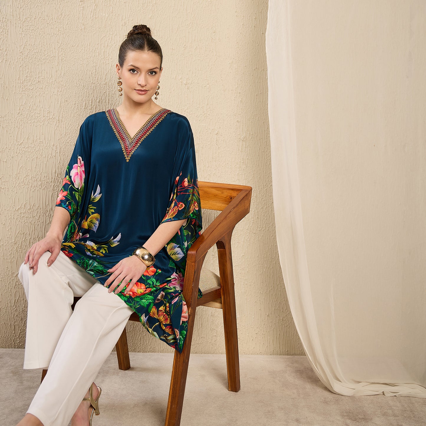 Navy Teal Embellished Floral Kaftan Top