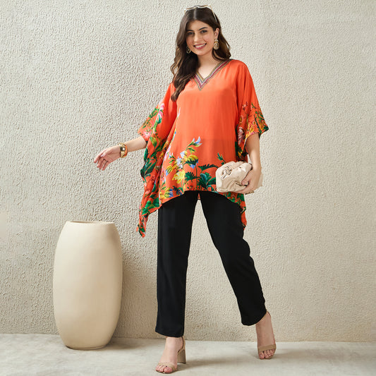 Orange Embellished Floral Kaftan Top