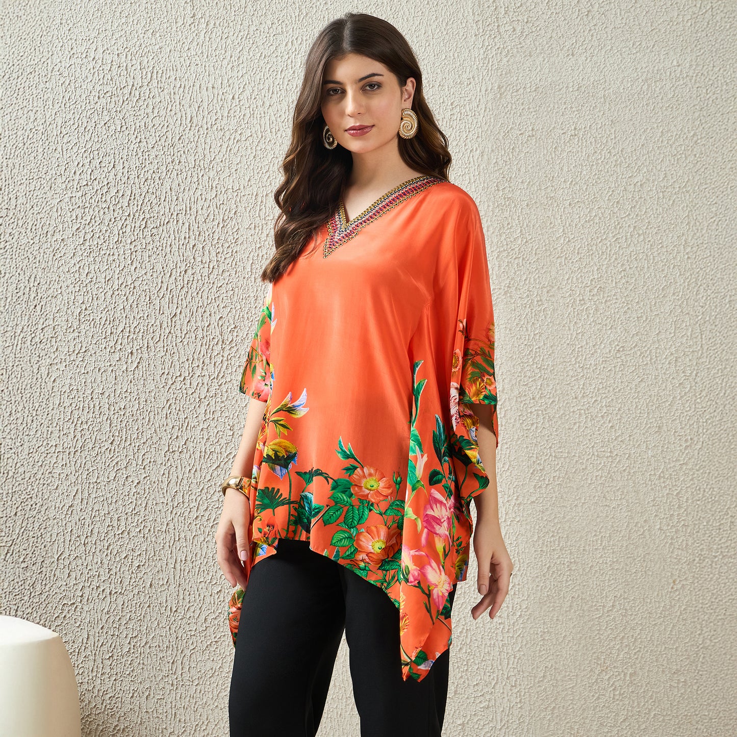 Orange Embellished Floral Kaftan Top