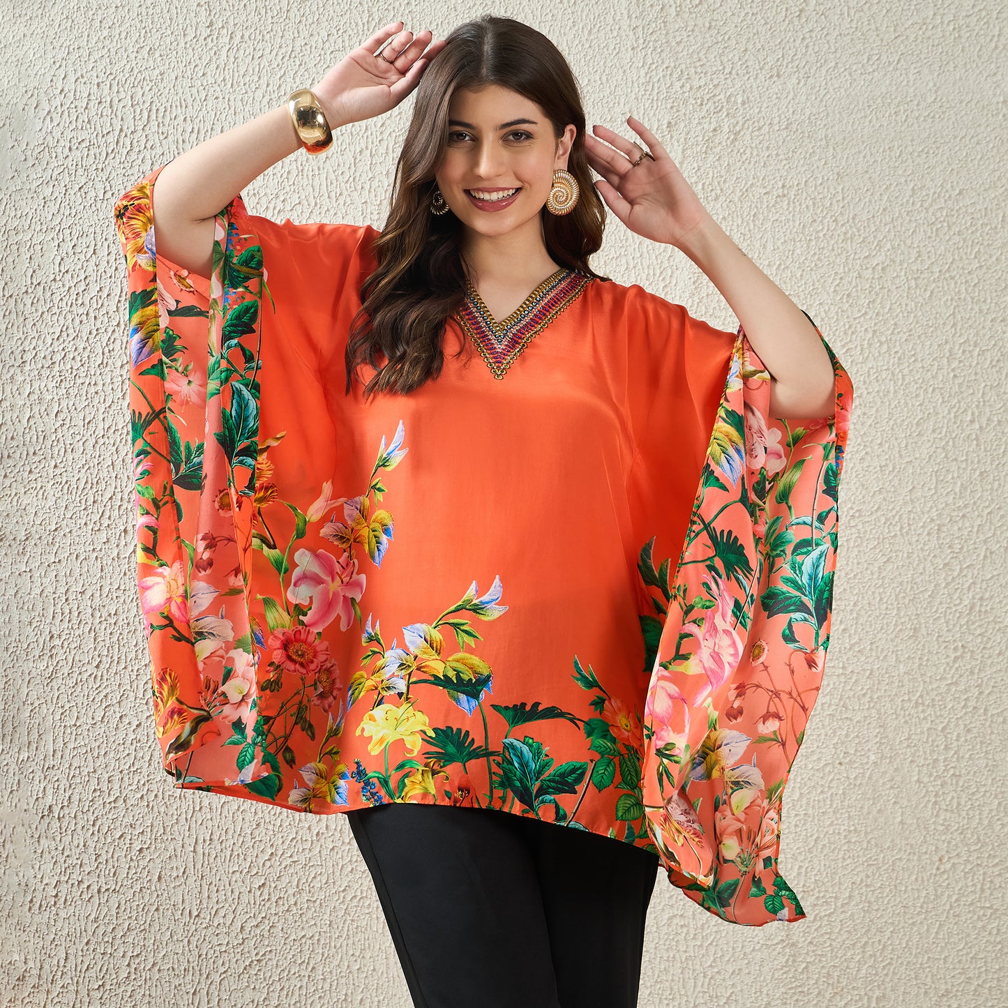 Orange Embellished Floral Kaftan Top