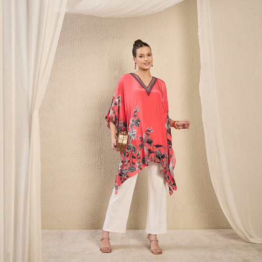 Punch Pink Embellished Floral Kaftan Top