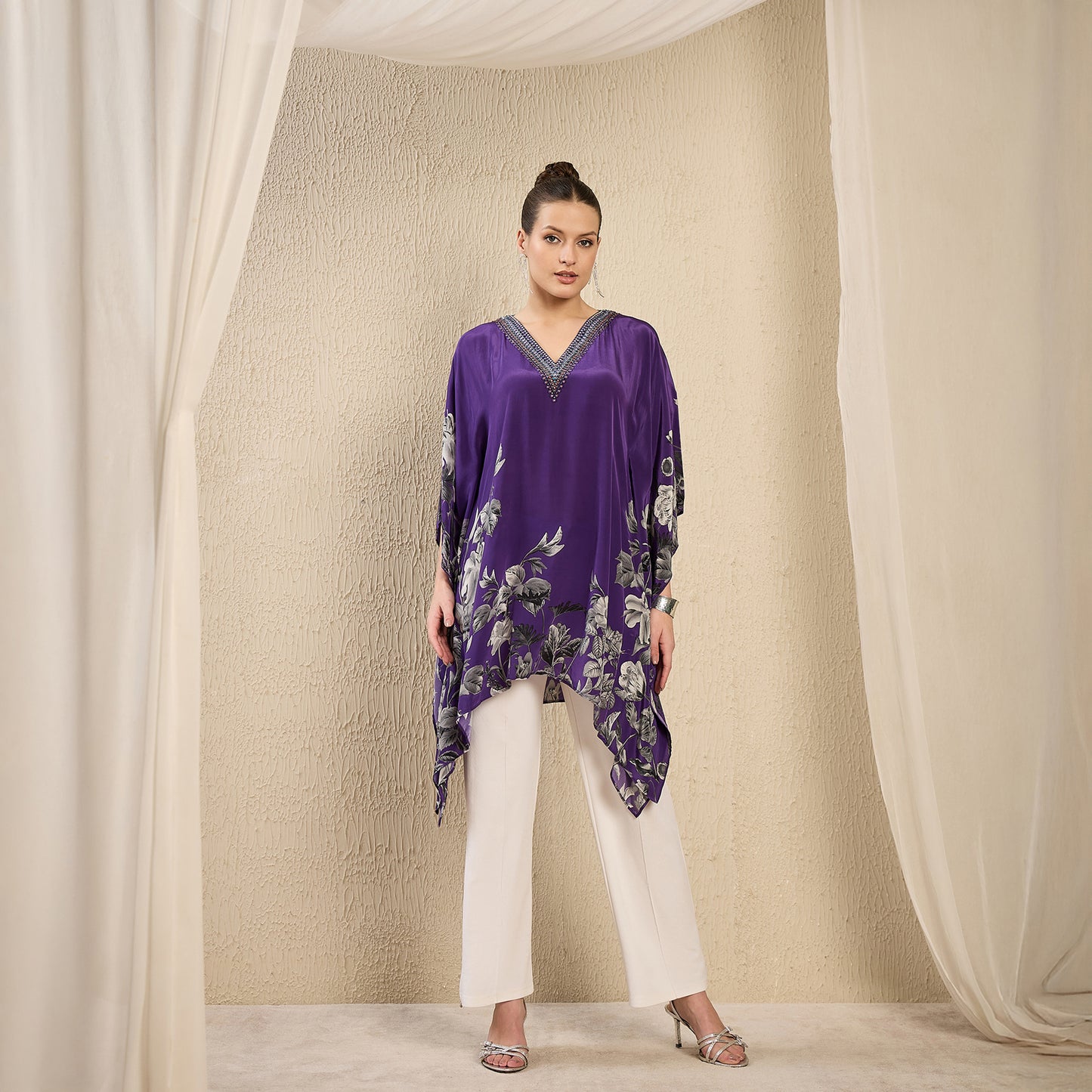 Purple Embellished Floral Kaftan Top