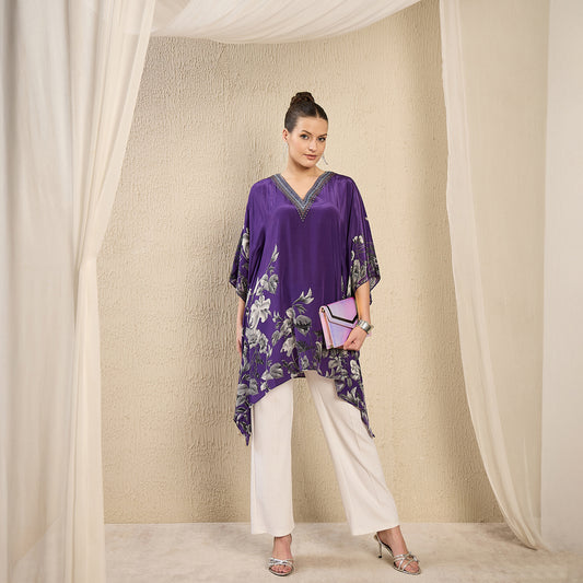 Purple Embellished Floral Kaftan Top