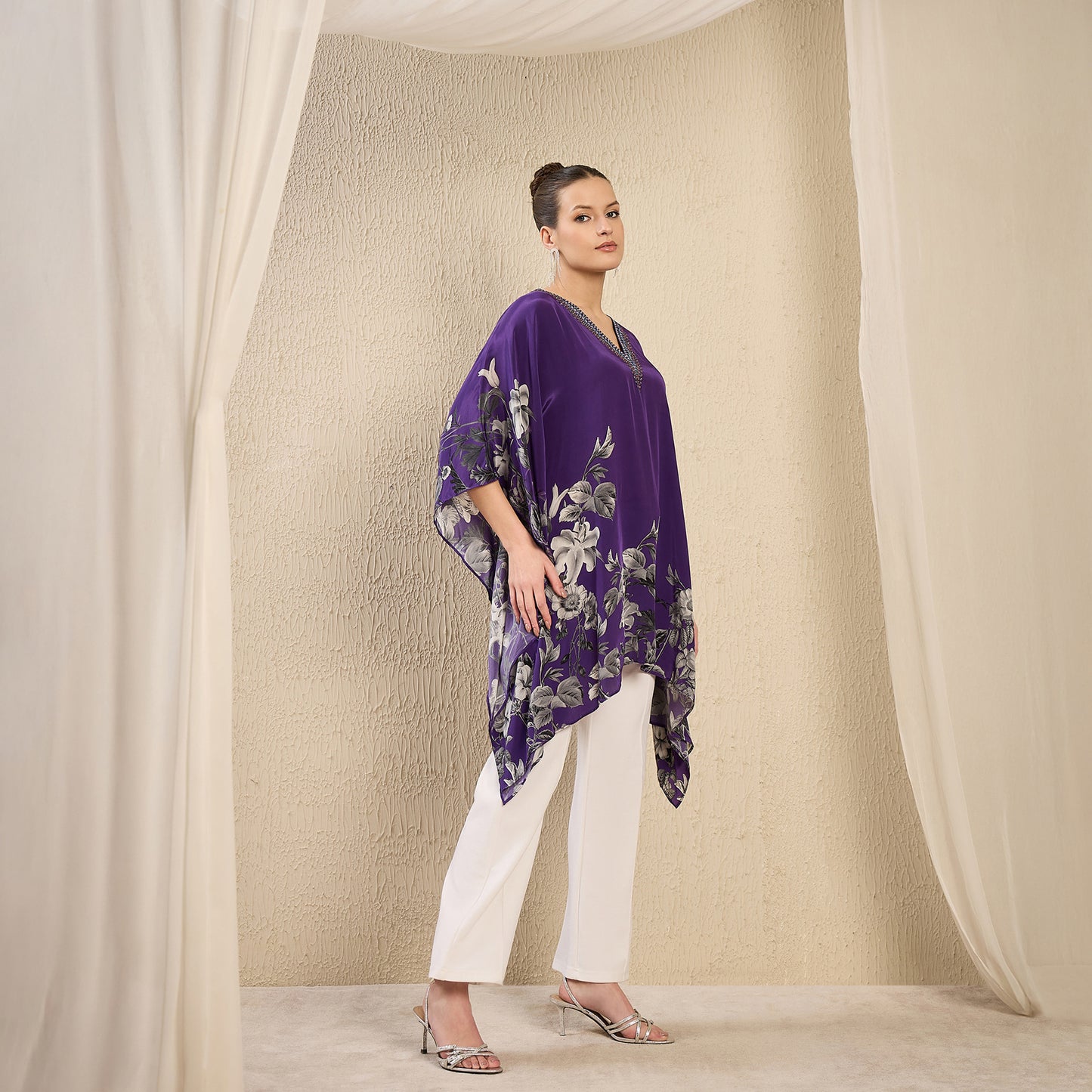 Purple Embellished Floral Kaftan Top