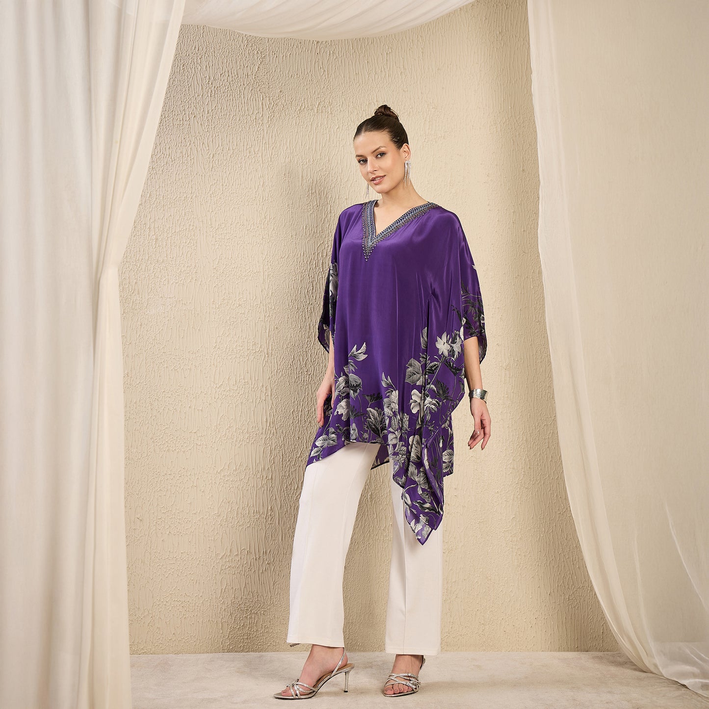 Purple Embellished Floral Kaftan Top