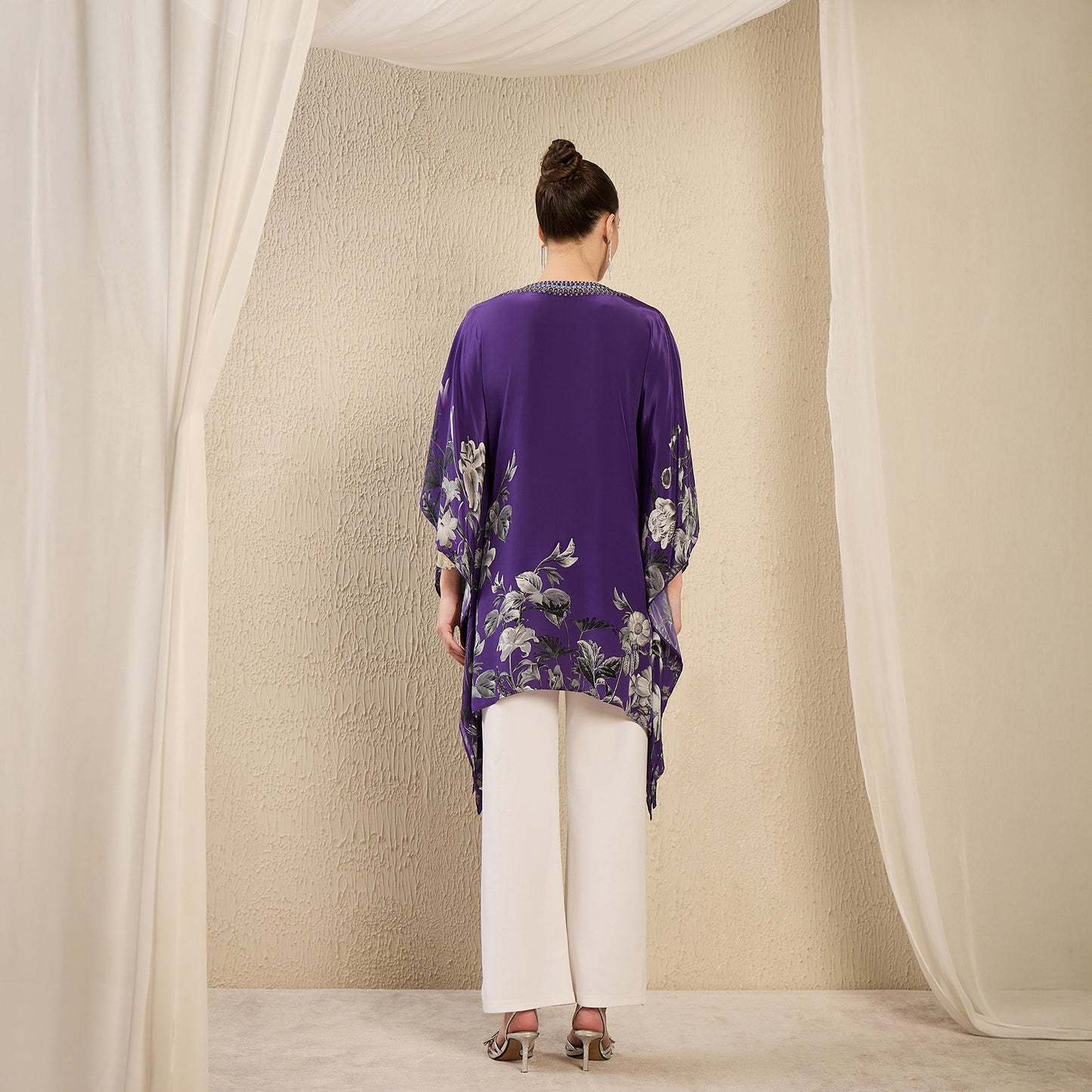 Purple Embellished Floral Kaftan Top