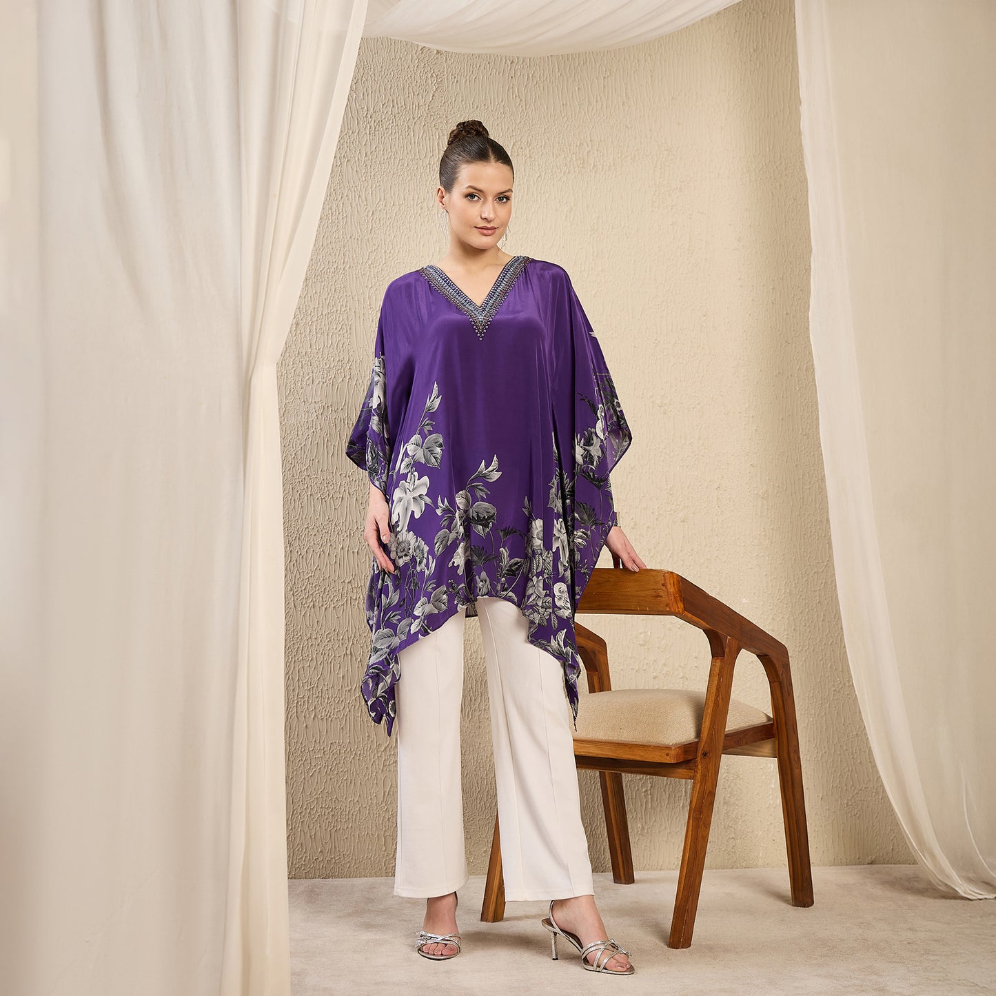 Purple Embellished Floral Kaftan Top