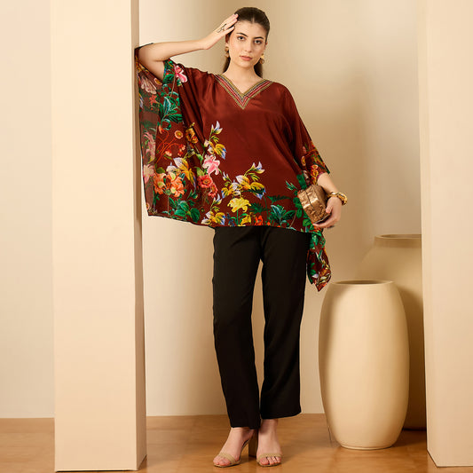 Taupe Embellished Floral Kaftan Top