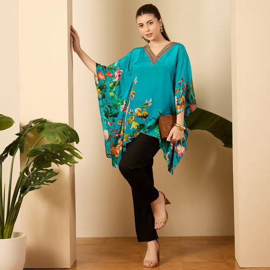 Teal Embellished Floral Kaftan Top