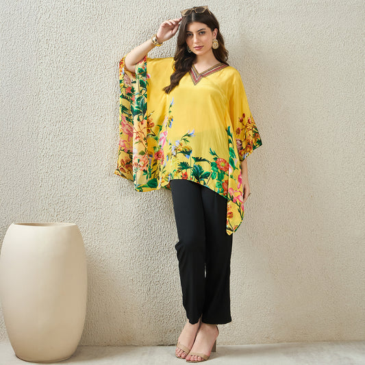 Yellow Embellished Floral Kaftan Top