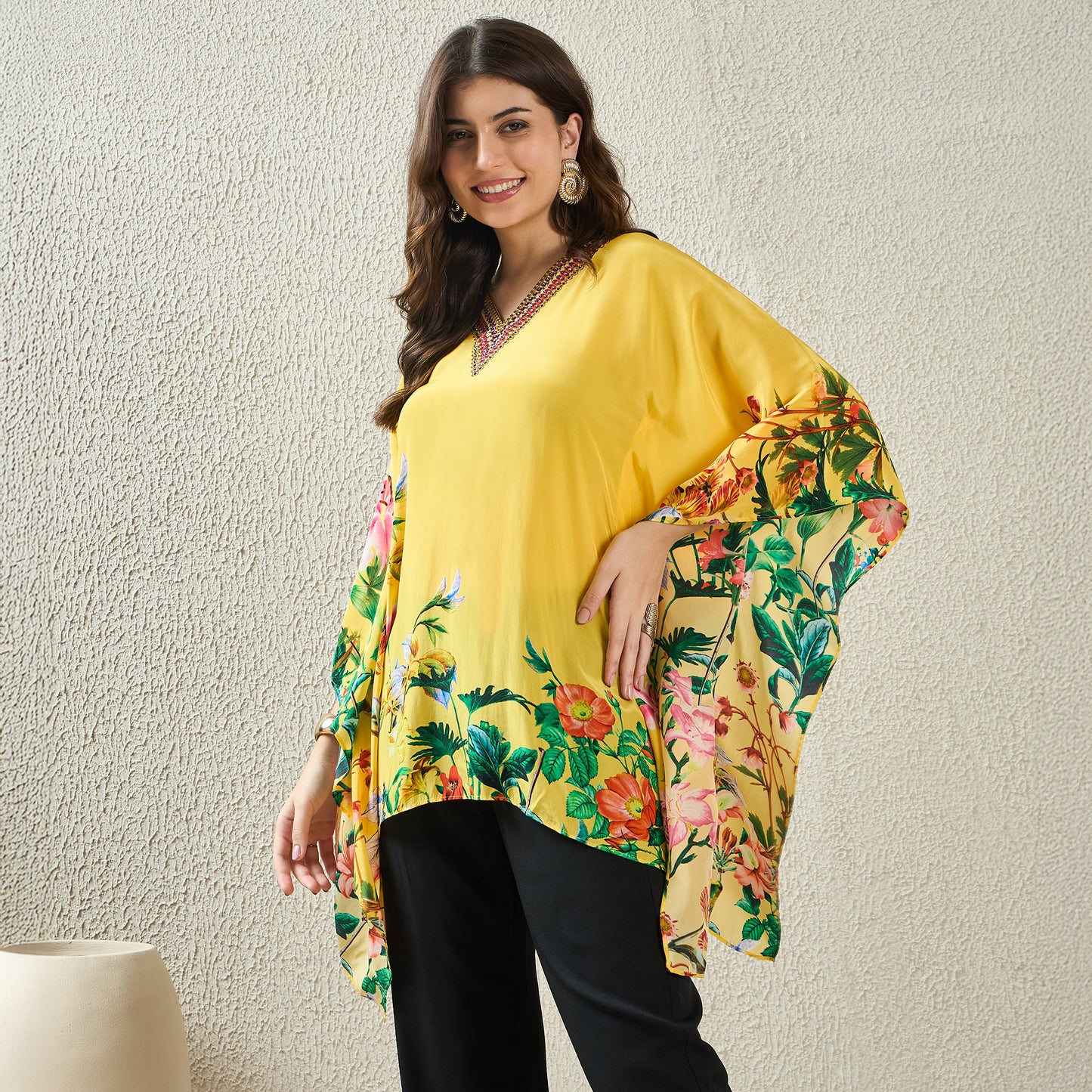 Yellow Embellished Floral Kaftan Top