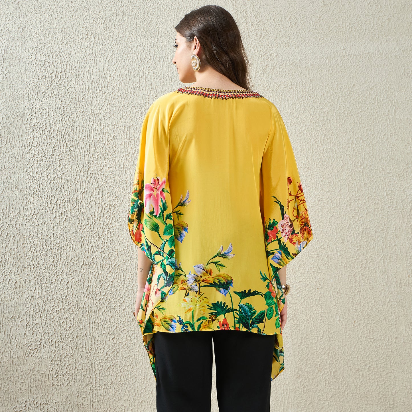 Yellow Embellished Floral Kaftan Top
