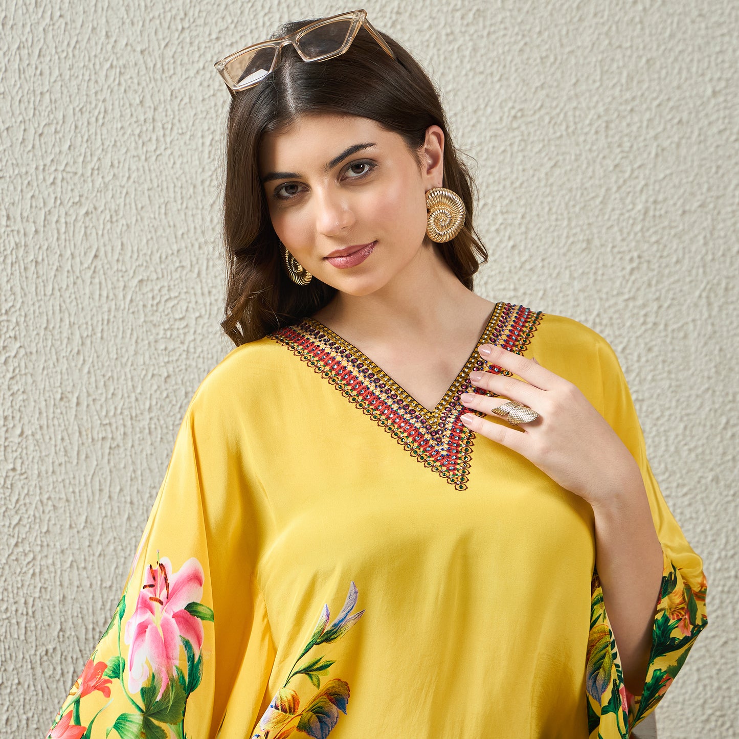 Yellow Embellished Floral Kaftan Top