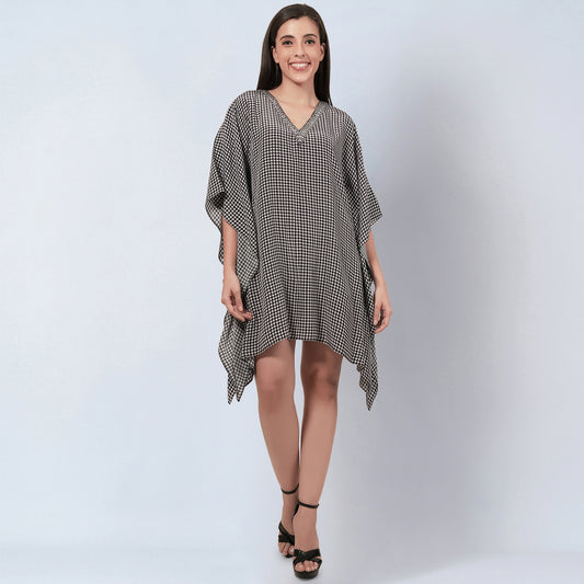 Black Embellished Houndstooth Kaftan Top