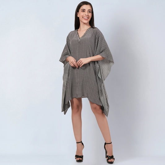 Black Embellished Houndstooth Kaftan Top