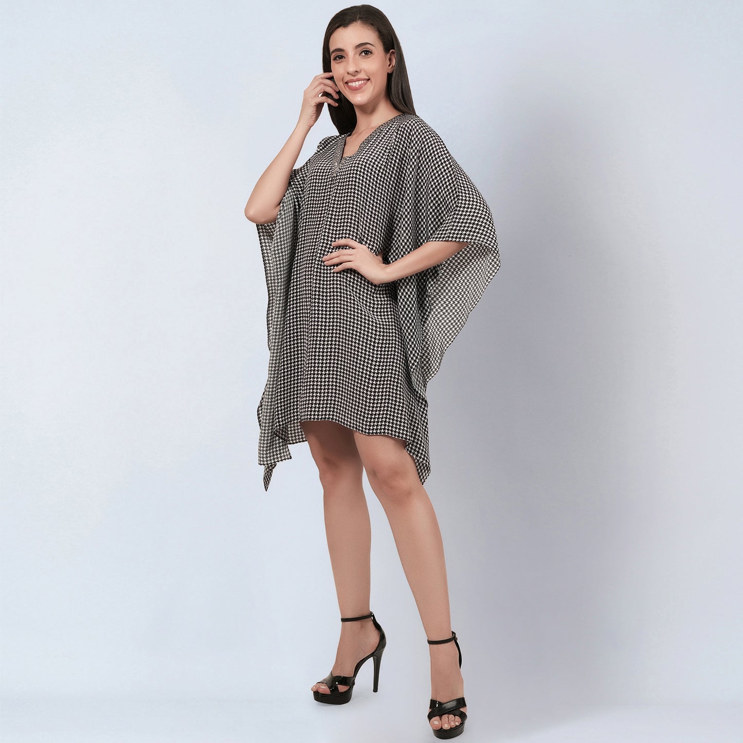 Black Embellished Houndstooth Kaftan Top