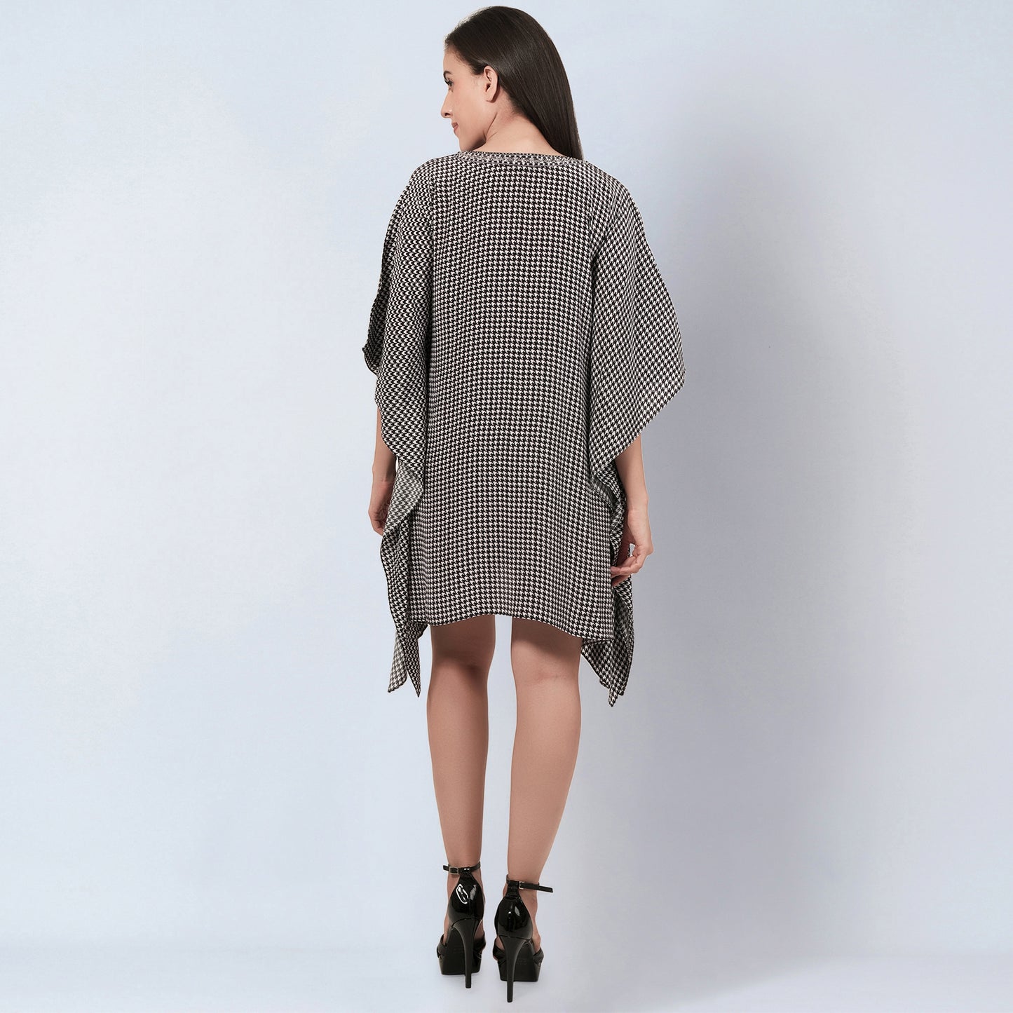 Black Embellished Houndstooth Kaftan Top