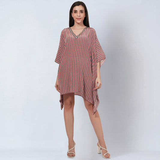 Red Embellished Houndstooth Kaftan Top