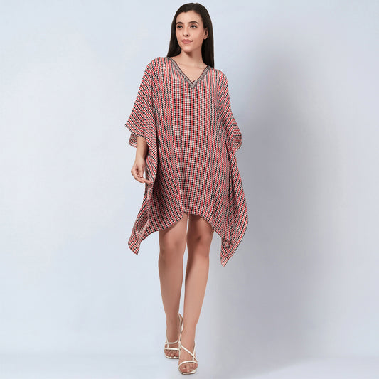 Red Embellished Houndstooth Kaftan Top