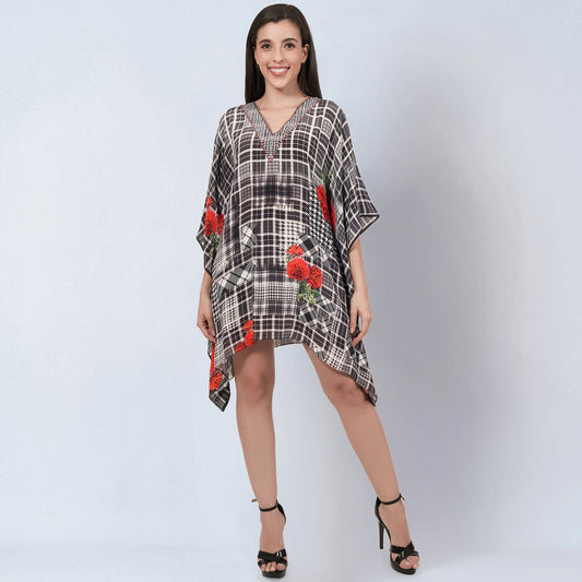 Black and White Embellished Check Print Kaftan Top