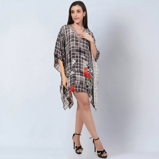 Black and White Embellished Check Print Kaftan Top