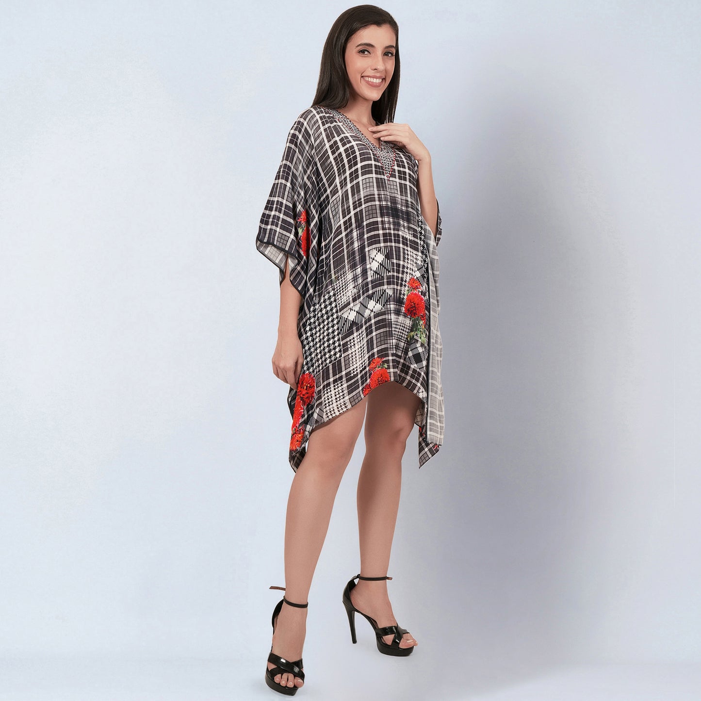 Black and White Embellished Check Print Kaftan Top