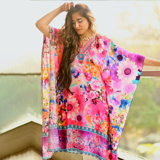 Multicoloured Botanical Print Silk Kaftan Tunic