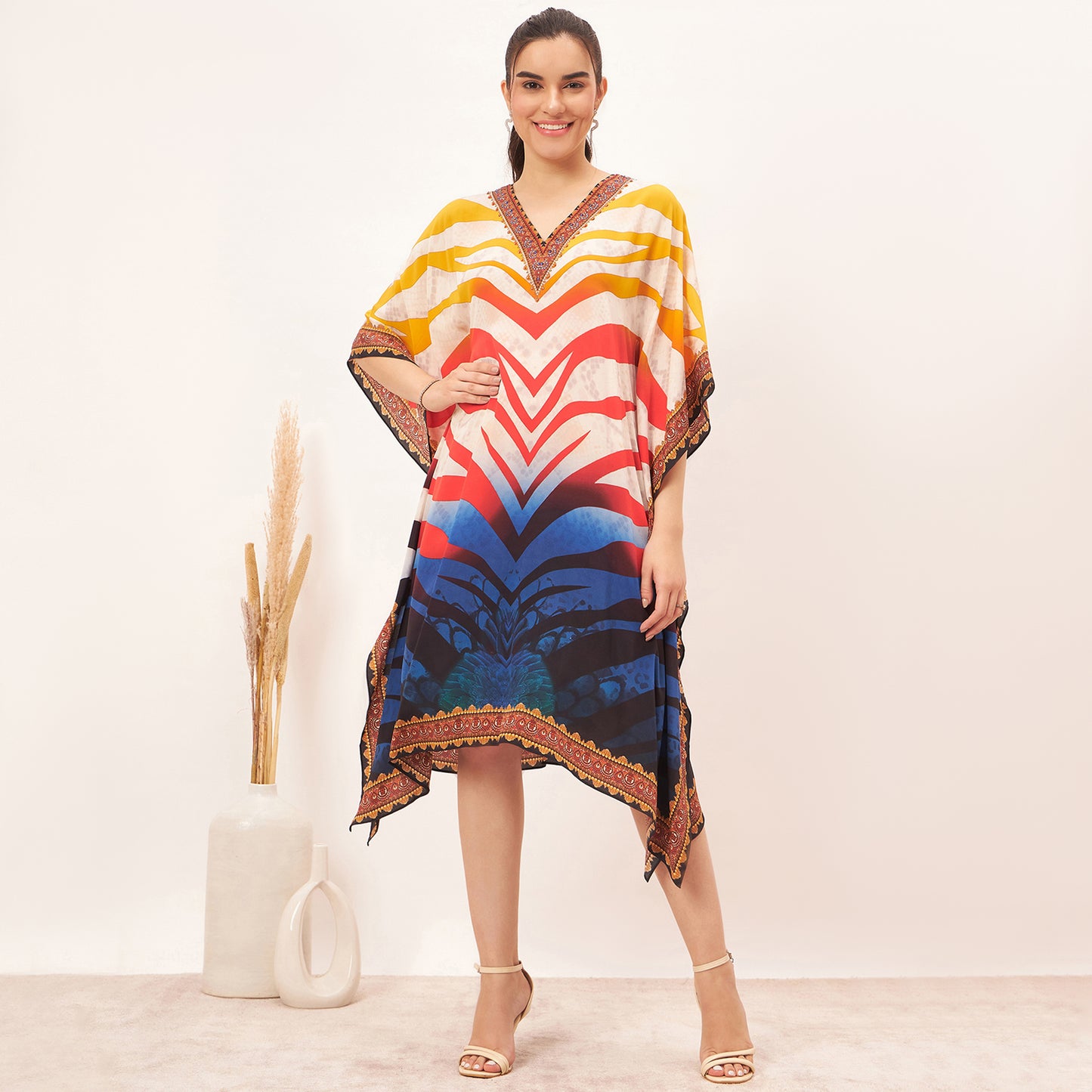 Multicoloured Masai Print Silk Kaftan Tunic