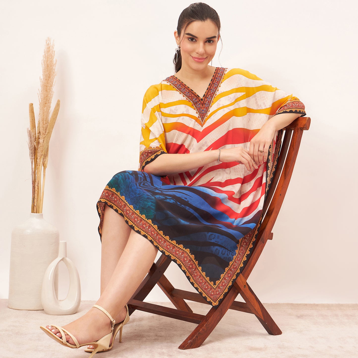 Multicoloured Masai Print Silk Kaftan Tunic