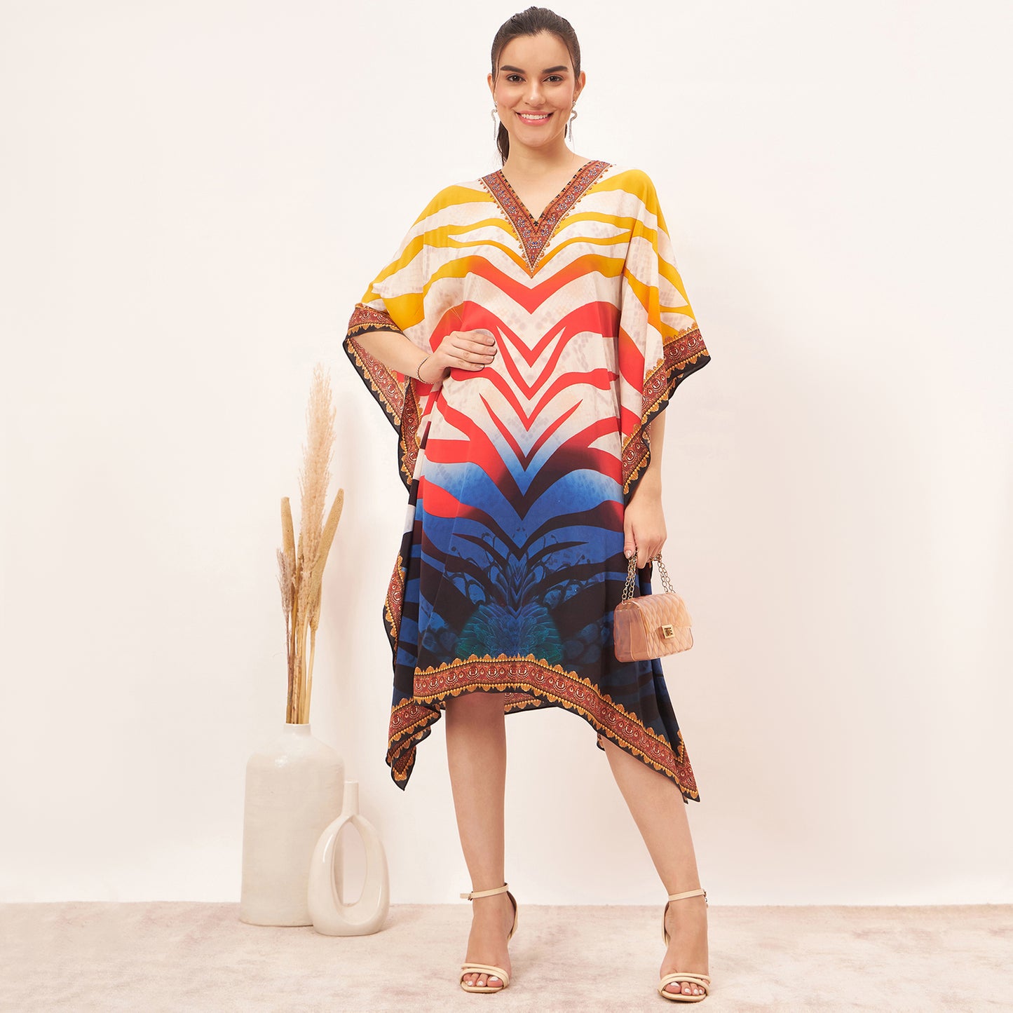 Multicoloured Masai Print Silk Kaftan Tunic