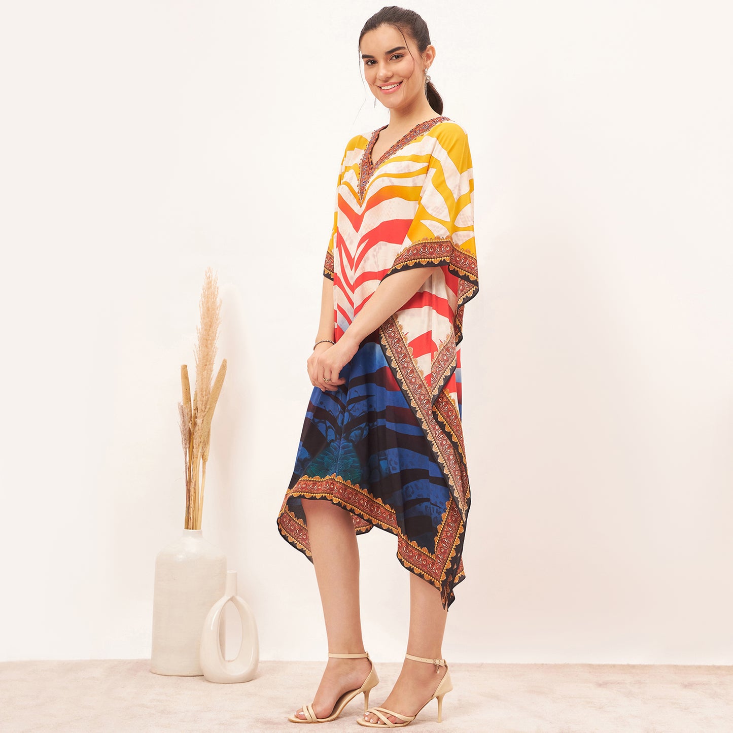 Multicoloured Masai Print Silk Kaftan Tunic