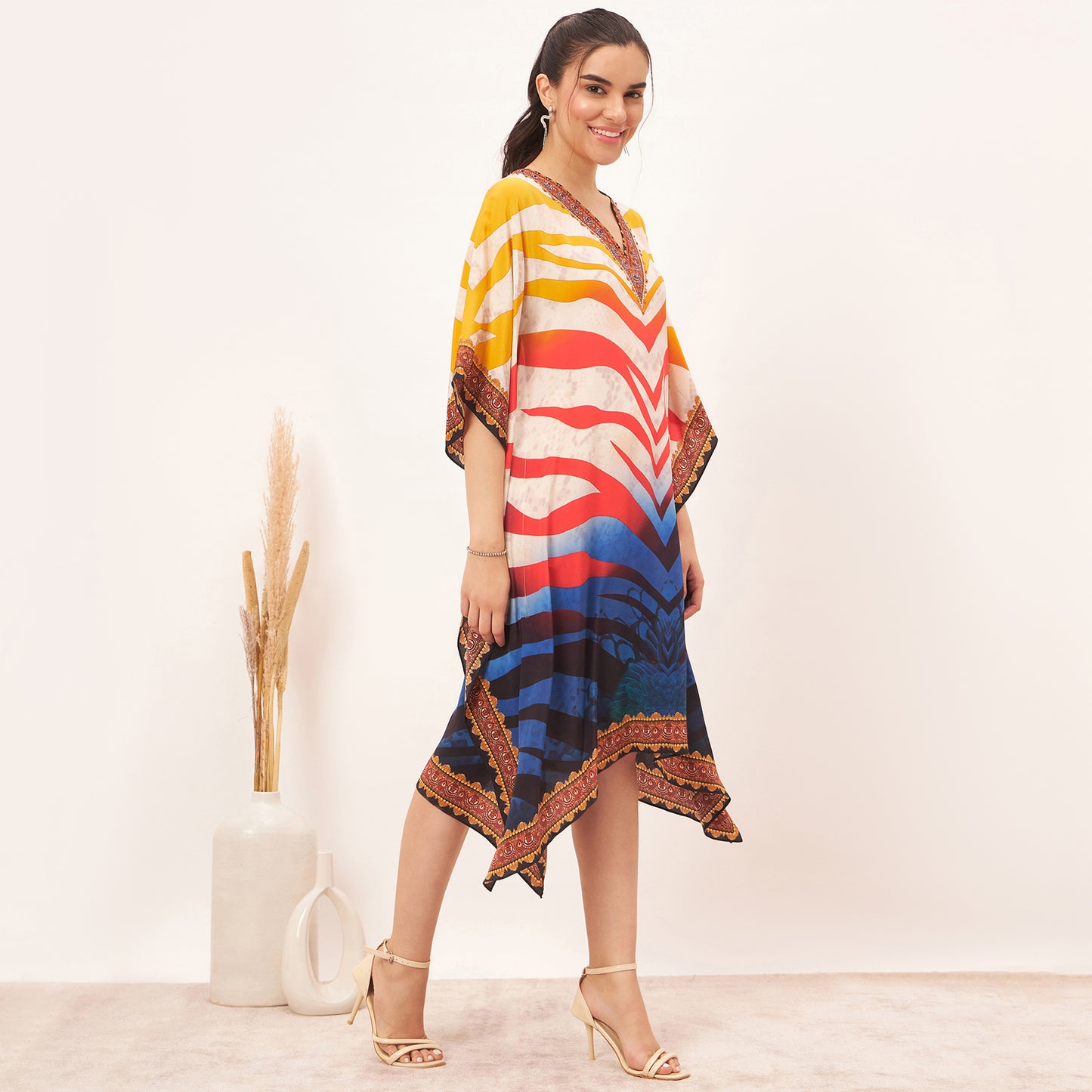 Multicoloured Masai Print Silk Kaftan Tunic
