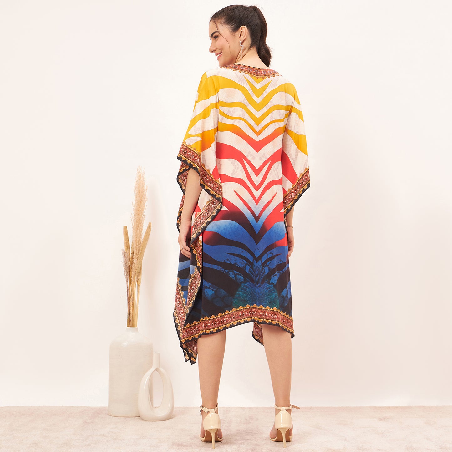 Multicoloured Masai Print Silk Kaftan Tunic