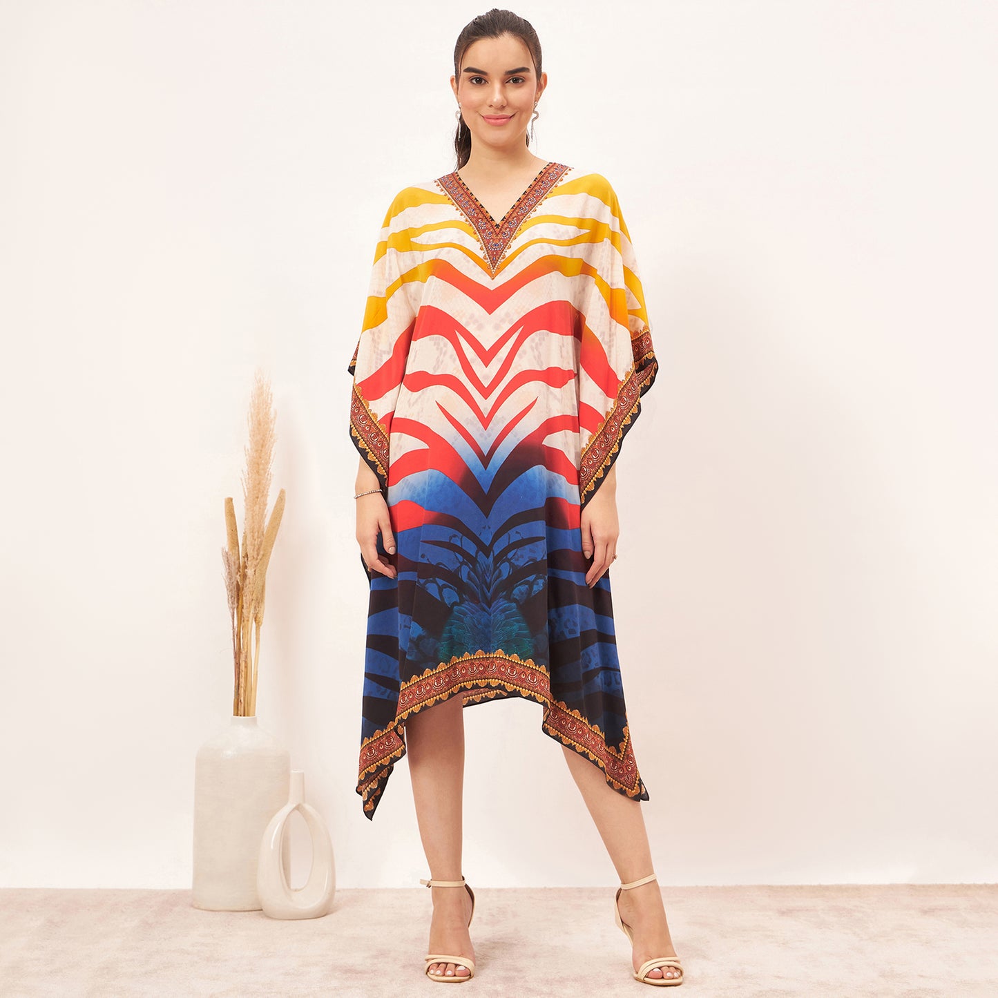 Multicoloured Masai Print Silk Kaftan Tunic