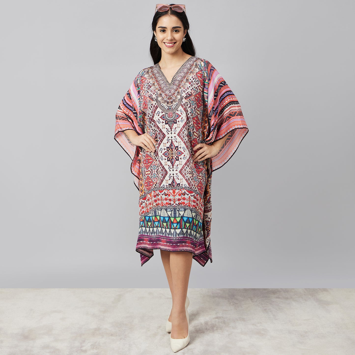 Multicoloured Geometric Print Silk Kaftan Tunic