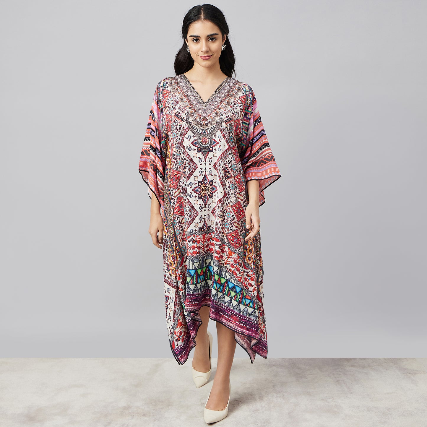 Multicoloured Geometric Print Silk Kaftan Tunic