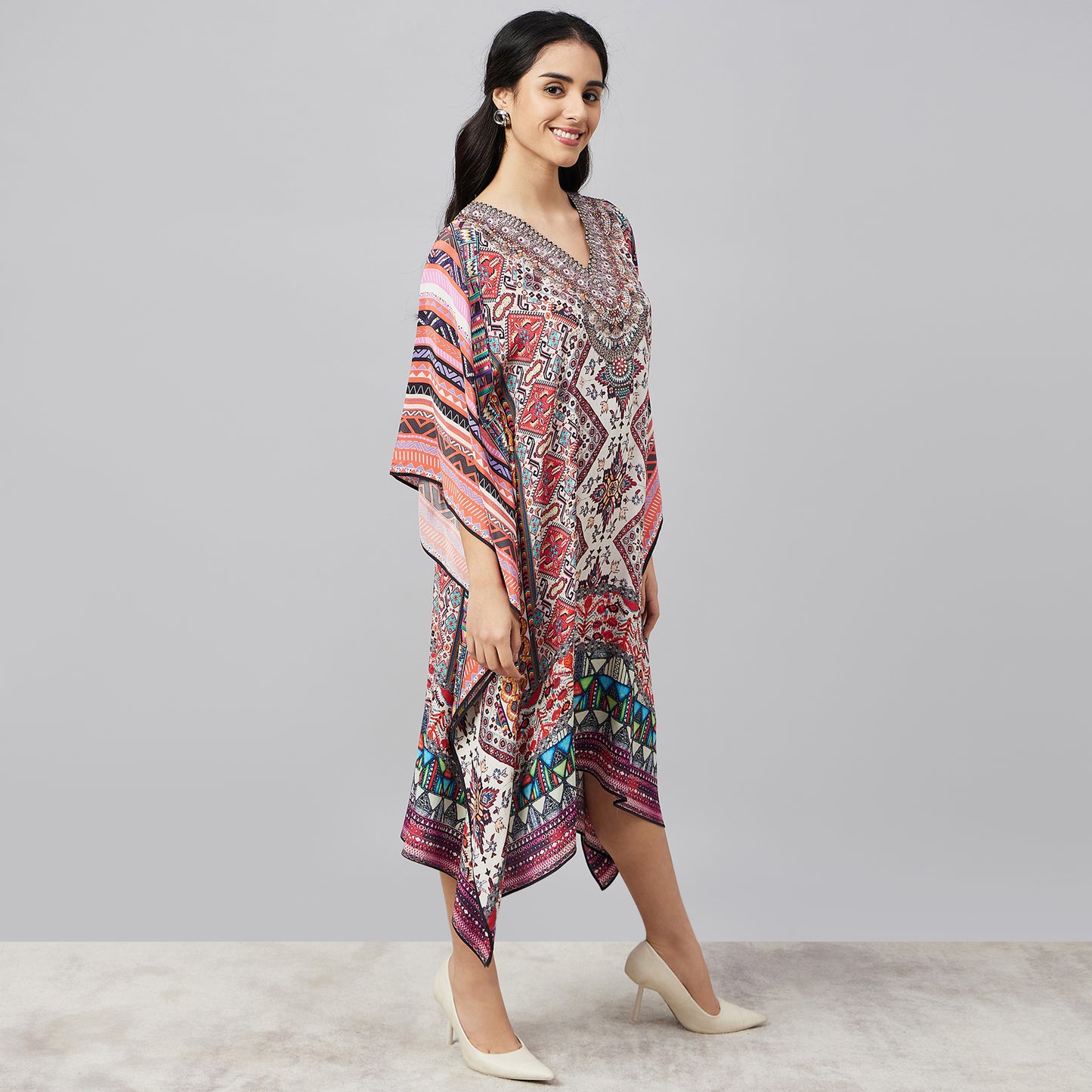 Multicoloured Geometric Print Silk Kaftan Tunic