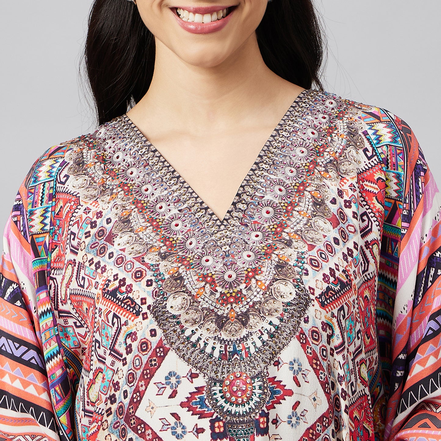 Multicoloured Geometric Print Silk Kaftan Tunic