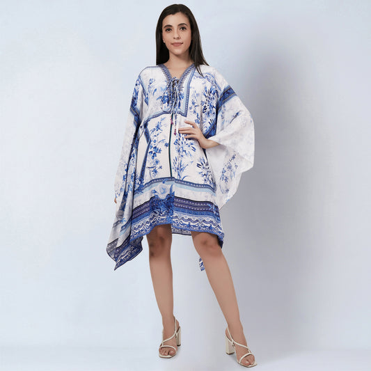 White and Blue Embellished Floral Print Kaftan Tunic