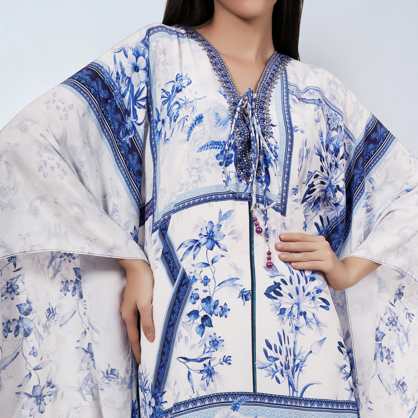 White and Blue Embellished Floral Print Kaftan Tunic