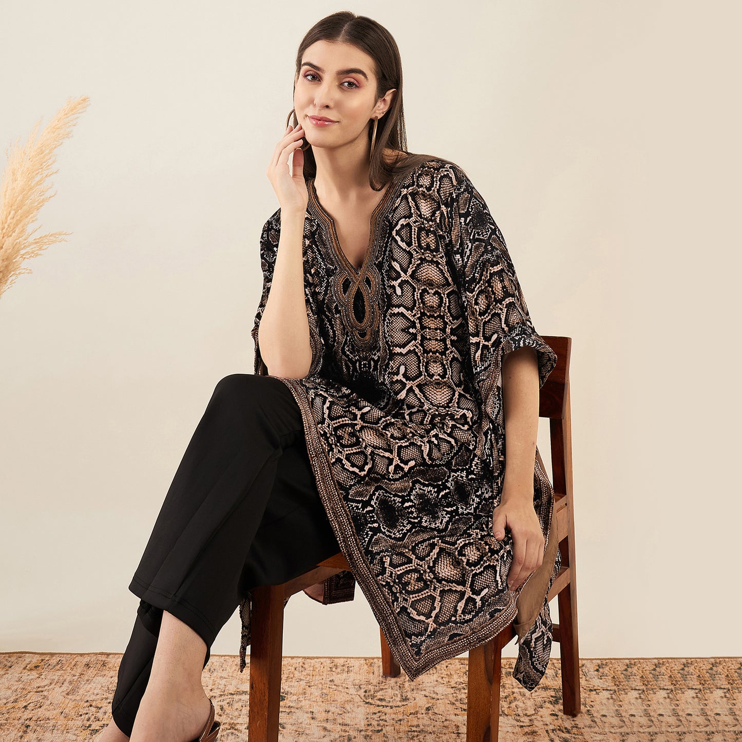 Brown Hand Embroidered Animal Print Silk Velvet Kaftan Tunic