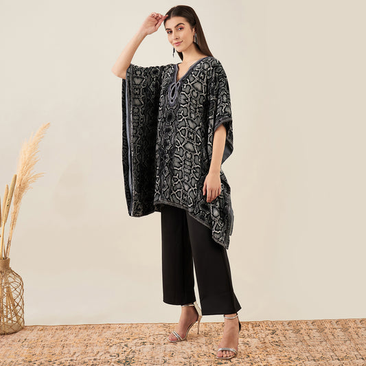 Grey Hand Embroidered Animal Print Silk Velvet Kaftan Tunic