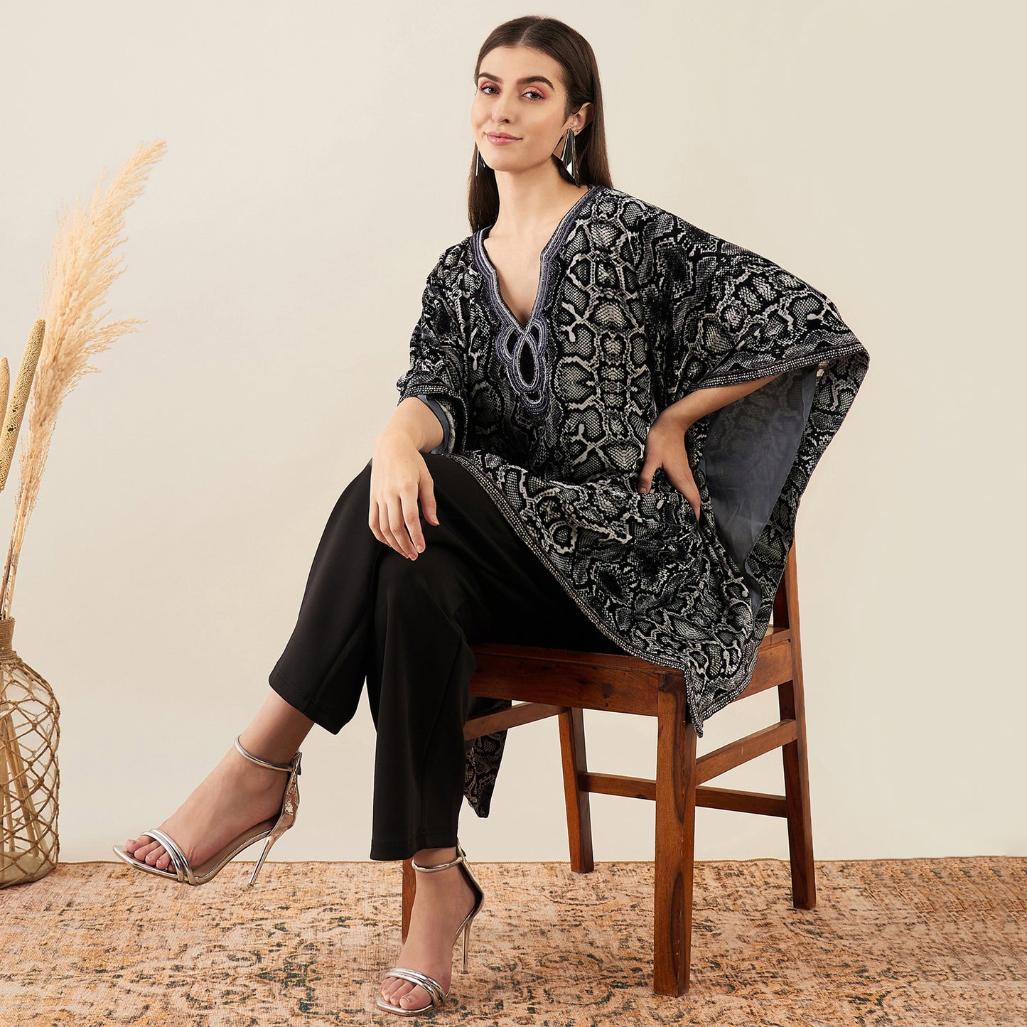 Grey Hand Embroidered Animal Print Silk Velvet Kaftan Tunic