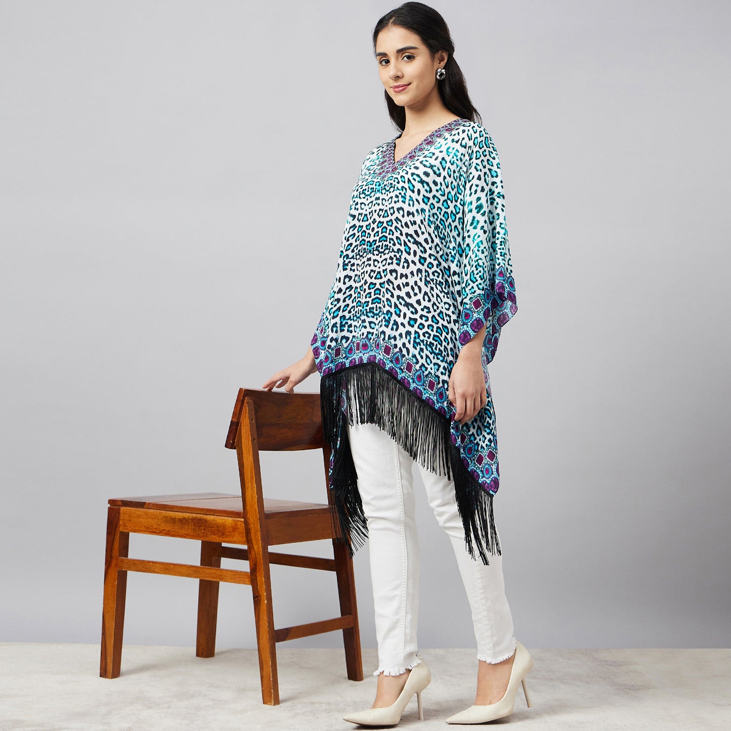 Sky Blue Animal Print Kaftan Tunic