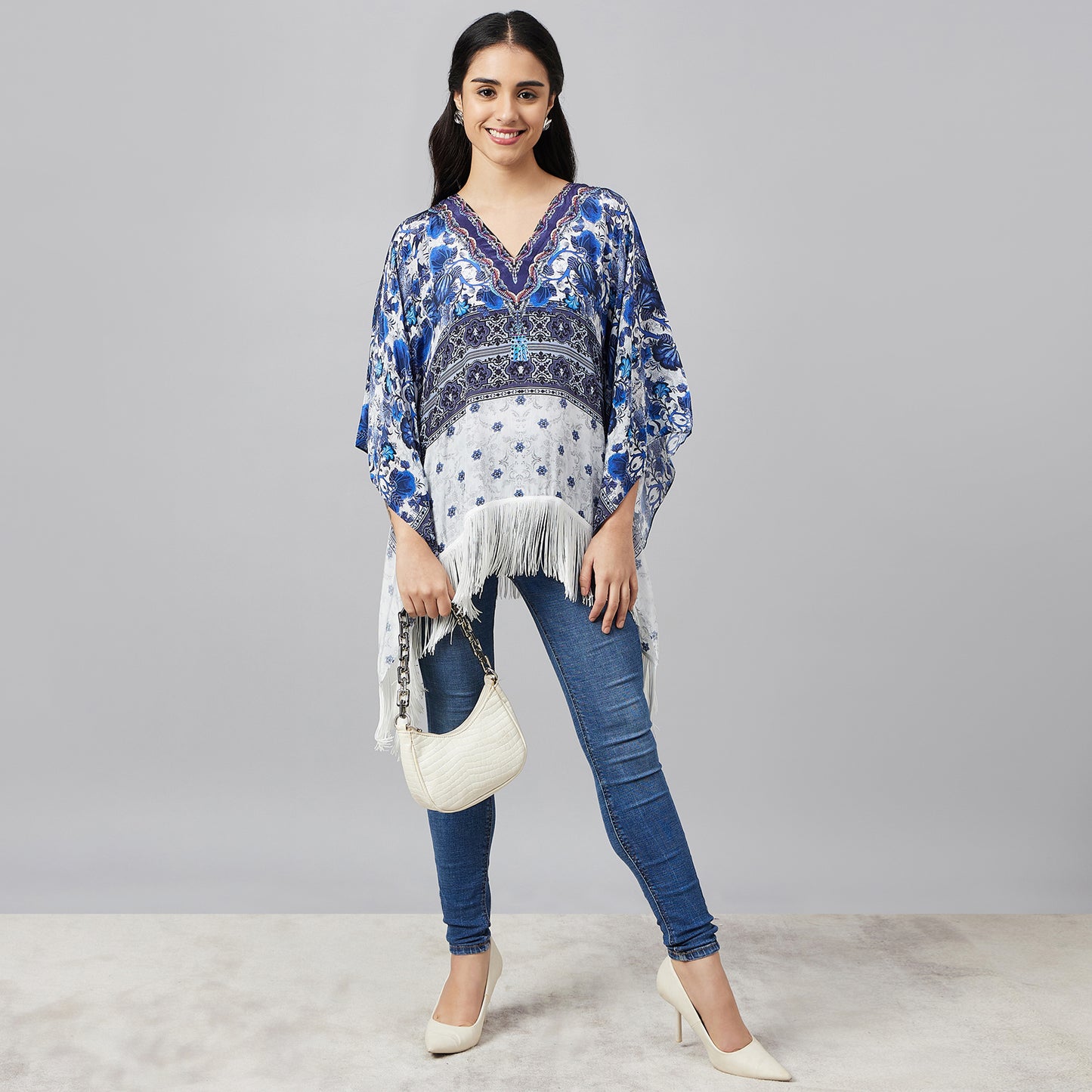 White and Blue Porcelain Print Embellished Kaftan Top