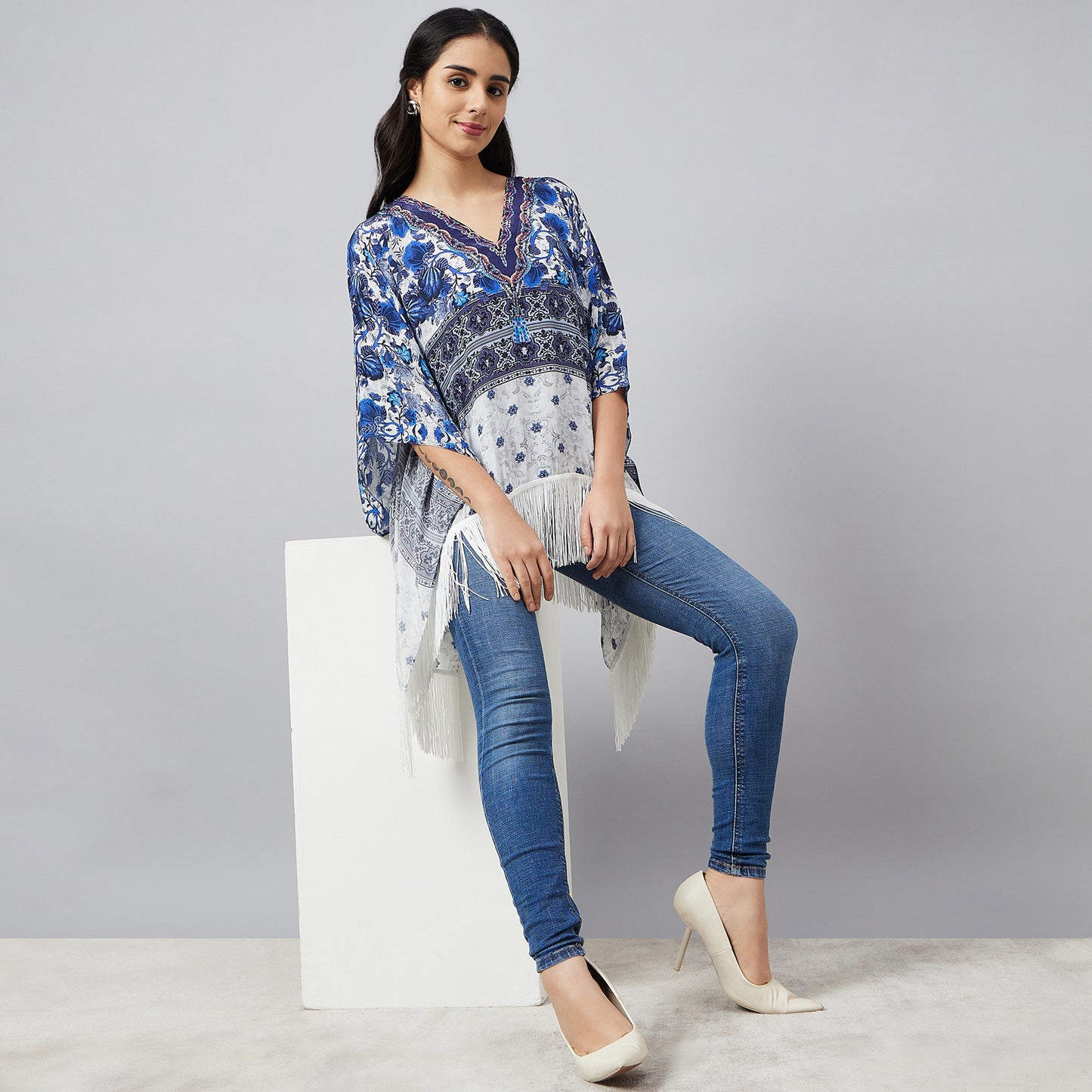 White and Blue Porcelain Print Embellished Kaftan Top