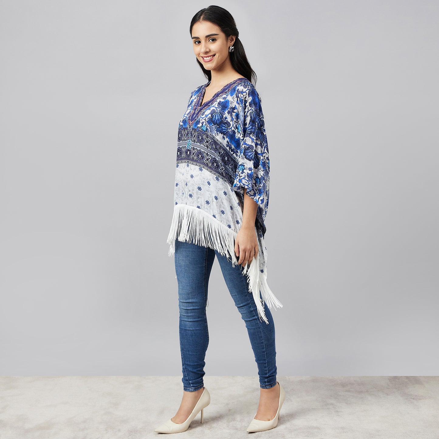 White and Blue Porcelain Print Embellished Kaftan Top