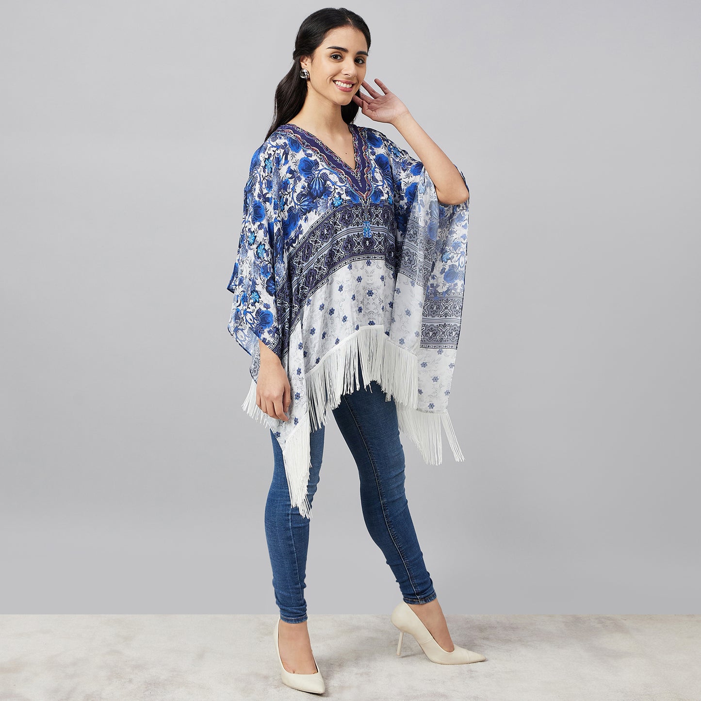 White and Blue Porcelain Print Embellished Kaftan Top