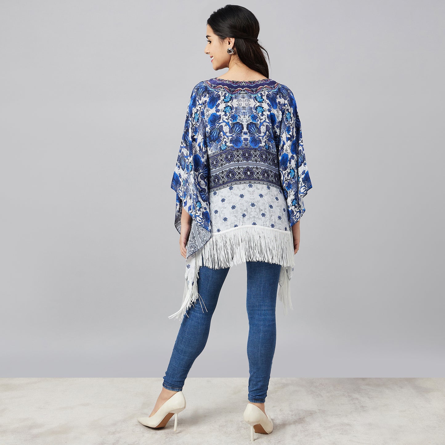 White and Blue Porcelain Print Embellished Kaftan Top