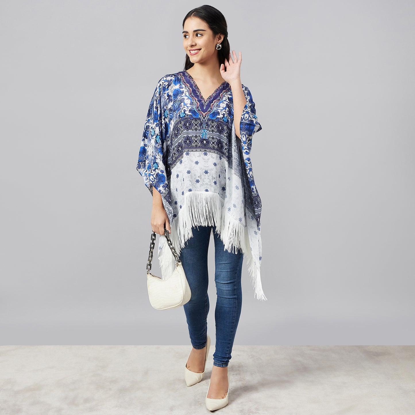 White and Blue Porcelain Print Embellished Kaftan Top